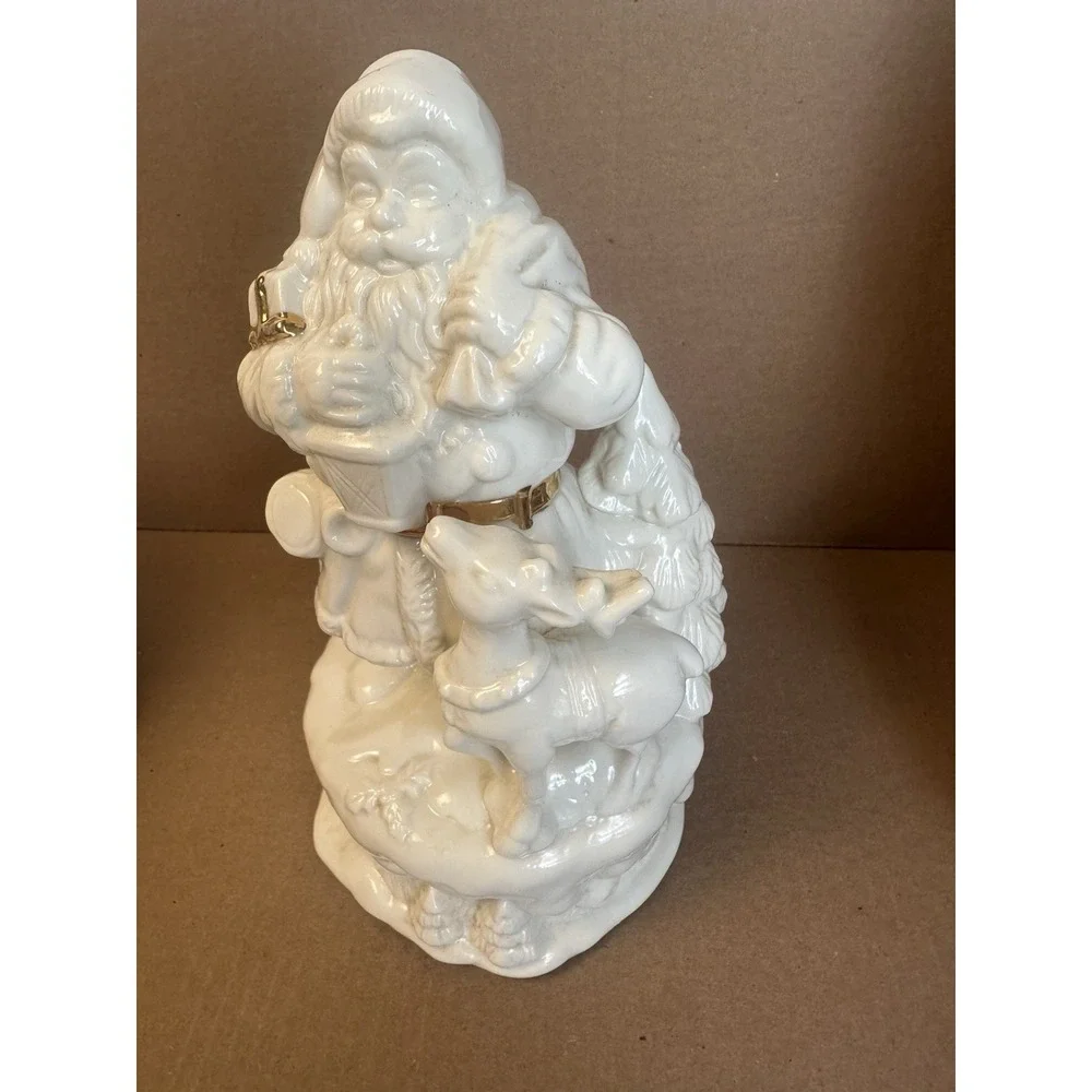 Vtg White Glazed Ceramic Porcelain Santa Claus Reindeer Lantern Figurine 9.5